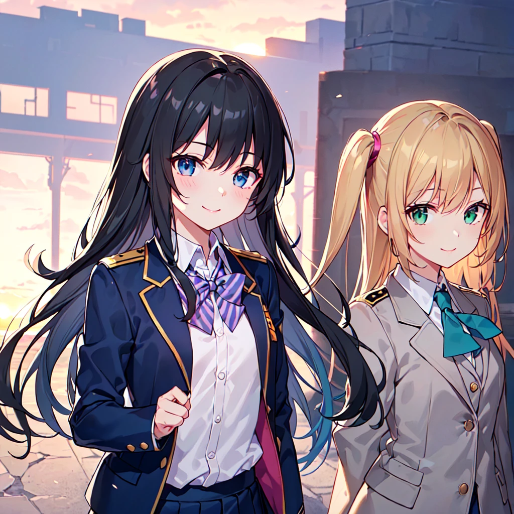 masterpiece, best quality, high quality, extremely detailed, very delicate and beautiful, (1female 1 adult solo:1.5), (long black hair with two side up:1.5), bangs to eyebrows, eyes sharp and bright (eye color magenta:1.3), 6.5 head height, (clothes navy blue uniform blazer and gray uniform skirt and tie blue-green and black knee socks:1.3), lace, (standing), ( walking :1.3),(dynamic pose), (smiling), (upper body:1.3), (background School building:1.3), ( sunset:1.3)