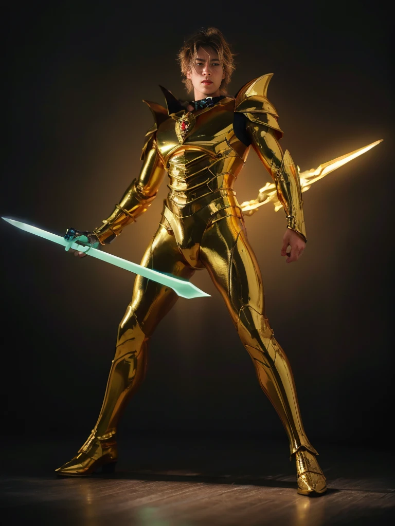 (golden saint seiya,surreal art,full-body shot),(best quality,4k,8k,highres,masterpiece:1.2),ultra-detailed,(realistic,photorealistic,photo-realistic:1.37),metallic armor,shiny gold armor,colorful cosmic background,strong muscular physique,breathtaking visual effects,powerful stance,sacred aura,sharp focus,dynamic lighting,vibrant colors,mythological symbols,intense action,glowing eyes,stunning composition,enchanted sword,surrounded by constellations,futuristic technology.