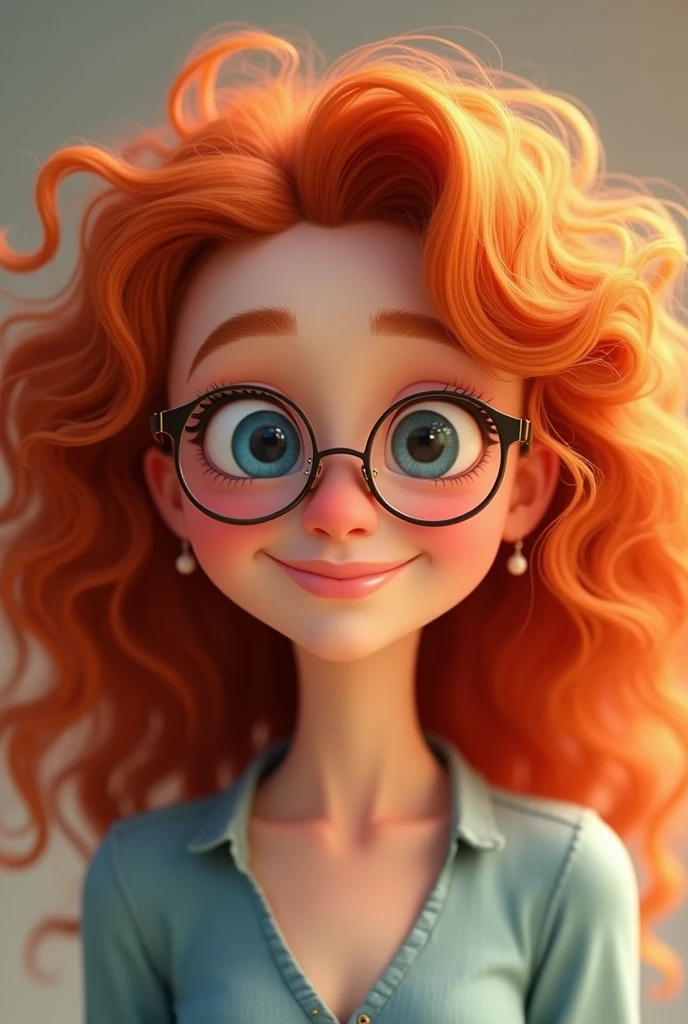 Red curly hair, woman, round bottom glasses, animated, smile, blue eyes, small neck, round face, High Resolution,