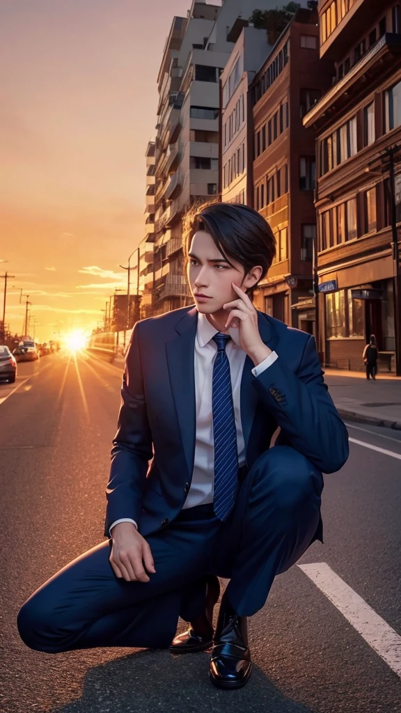 Anime Images、Young Man、1 person、evening、Red Sky、Facing diagonally forward、squat、On the right, place it on your face.、Hold a cigarette in your left hand、Wearing a suit、masterpiece, Highest quality, Anatomically correct, solo, blue eyes, Feet out of frame, Lens flare,