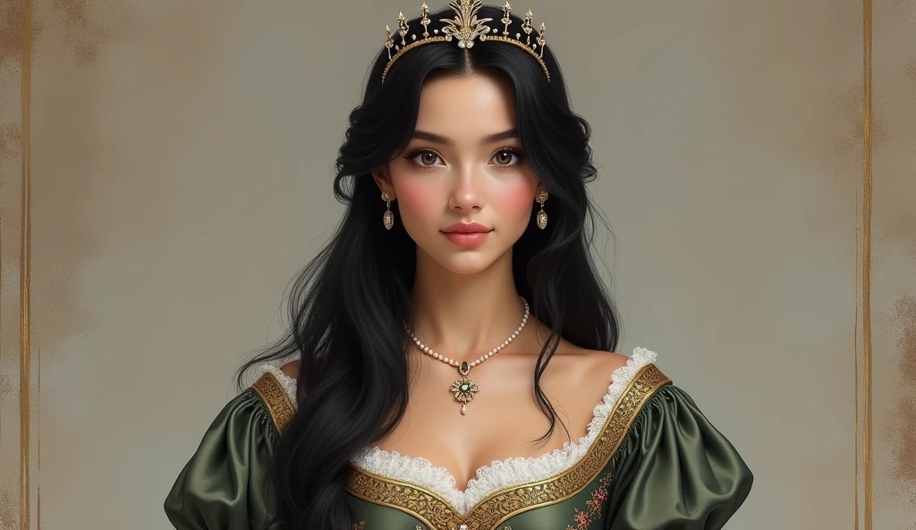 A beautiful princess portrait with long black hair royal modest dress, European lookalike full sleeves