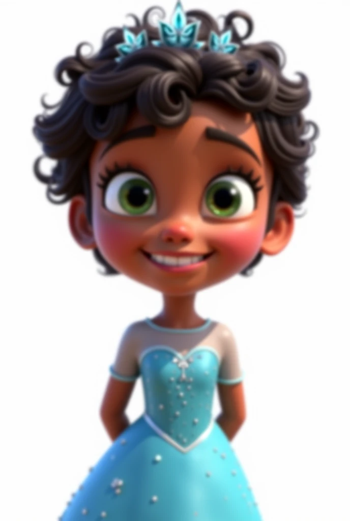 Create a high-quality, high-definition (HD) Pixar 3D-style image with vivid colors and sharp lines. The image should include: A  girl, standing with her hands on her hips, with dark brown skin and dark brown hair with many curls and very short, at ear level, she wears an ice crown. leaf green eyes, happy and expressive. She is wearing a light blue dress with small sparkling stones, inspired by the character Elsa from the movie "Frozen".  The girl is smiling and looking at the camera, she must appear full body with her hands on her waist.
The image must have a white rendered background.