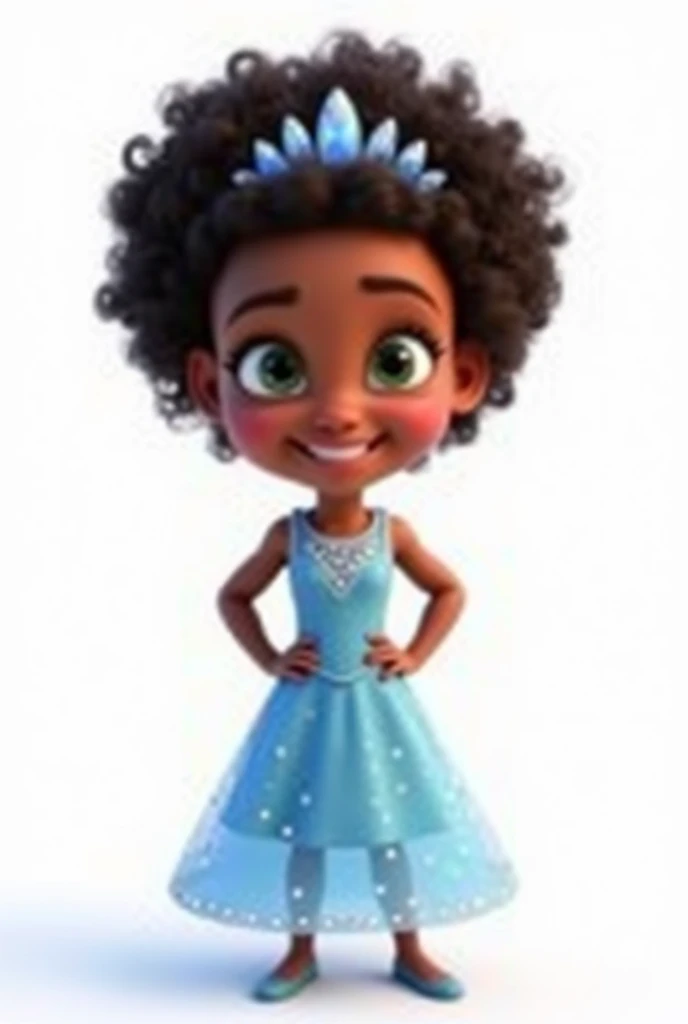 Create a high-quality, high-definition (HD) Pixar 3D-style image with vivid colors and sharp lines. The image should include: A girl, standing with her hands on her hips, with dark brown skin and dark brown hair with many curls and very short, at ear level, she wears an ice crown. leaf green eyes, happy and expressive. She is wearing a light blue dress with small sparkling stones, inspired by the character Elsa from the movie "Frozen". The girl is smiling and looking at the camera, she must appear full body with her hands on her waist.
The image must have a white rendered background.