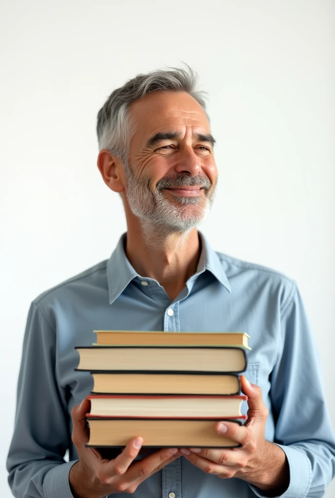 White 14-, contented with books in his hands on a white background only to the torso 