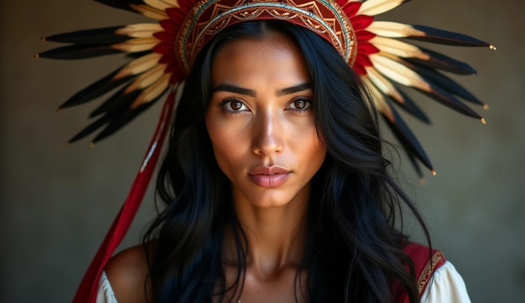 beautiful peruvian indian, wearing a headdress, blackquality hair, eyes browns, she's looking at the camera, your look is charming, Your face is serious, photo by full body