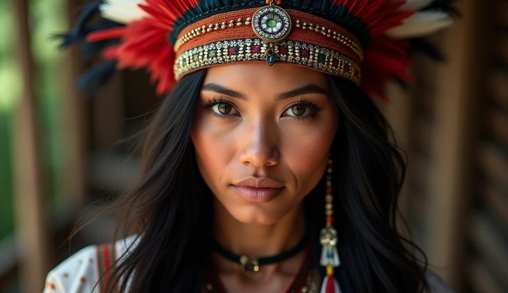 beautiful peruvian indian, wearing a headdress, blackquality hair, eyes browns, she's looking at the camera, your look is charming, Your face is serious, photo by full body