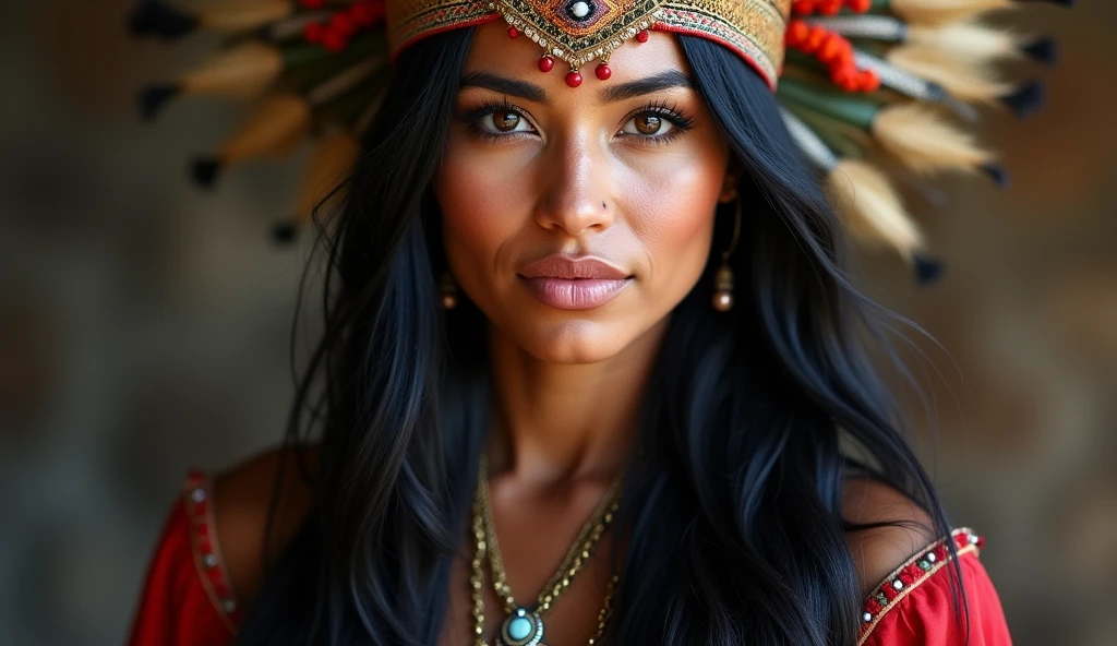beautiful peruvian indian, wearing a headdress, blackquality hair, eyes browns, she's looking at the camera, your look is charming, Your face is serious, photo by full body