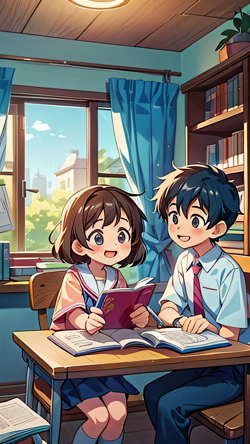 Create an anime-style image set in a bright and cozy library. The scene features two high school students, a boy and a girl, sitting side by side at a wooden desk. The boy is wearing a cutter shirt with a tie and pants, while the girl is dressed in a sailor-style uniform with a skirt. They are sitting side by side, with open books spread out on the desk in front of them, studying together. Both students are holding pens, writing something in their notebooks while looking at the books on the desk. They are smiling and enjoying each other's company. The scene is viewed from the front, showing their faces and the warm, soft light illuminating the space, creating a cheerful and pleasant atmosphere. In the background, large windows reveal a clear summer sky with vibrant blue colors, enhancing the fresh and lively ambiance. The bookshelves filled with books further emphasize the library setting.