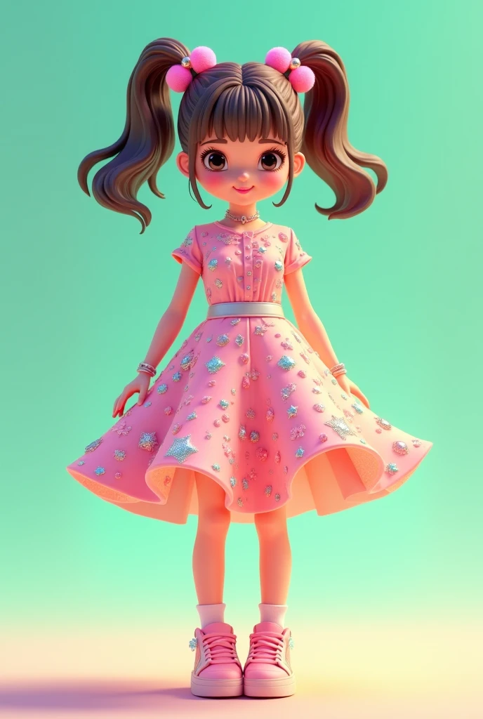 create a full body young female 3D character anime style kawaii, representing the futuristic of the 90s, with pink tones, verde y azul pastel que reflejen una figura juvenil y Charismatic; puppy look. She wears very pompous skirts or dresses, long eyelashes like a doll, use a lot of gloss, use heaters, use lots of glitter, tenis chuncky. She combs her hair with 2 ponytails held with two pompom bows with many clips in her hair, or I would have loose and wavy hair. The character is cheerful, She likes fashion, generous, Charismatic, affectionate, tender, optimistic and sweet.