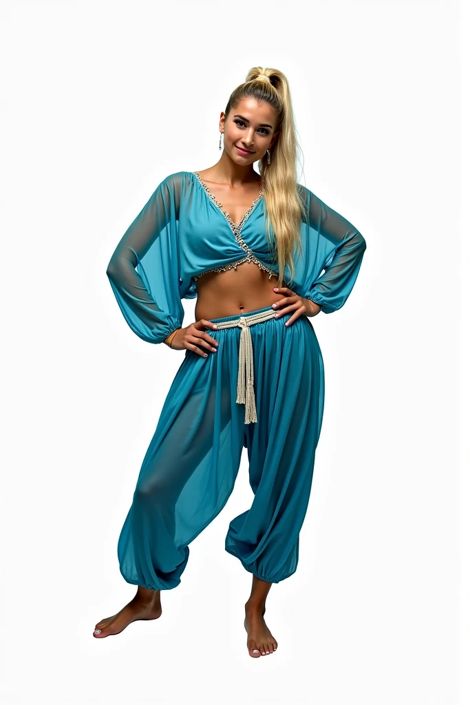 A sexy beautiful girl with big breasts, long yellow hair, brown eyes, a gray sleeveless kimono, shows her breasts, shows her navel, and dark blue pants with black heels
