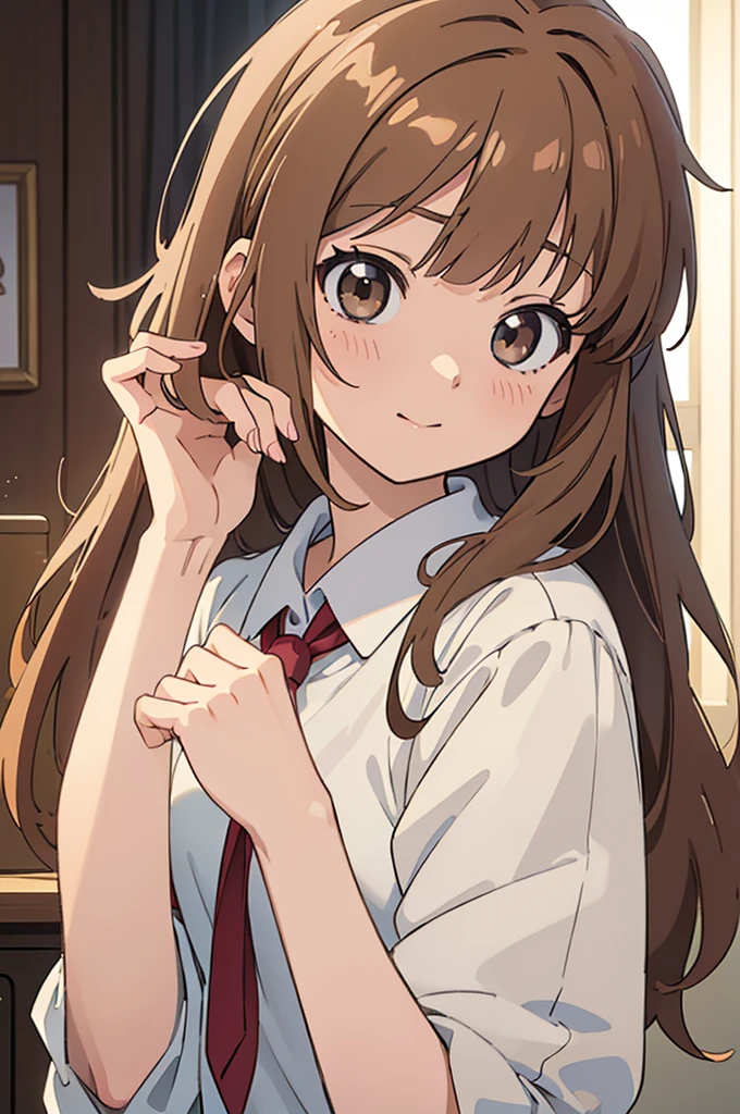 ((masterpiece)), (anime:1.5), ((Highest quality)), (RAW Photos:1.2), (High resolution:1.3), (Professional photography:1.2), 1 girl,light brown hair, light brown eyes, bangs, adult teenager, pastel colors, happy