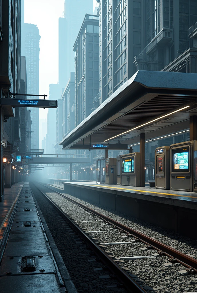 (photorealism:1.2), modern, cyber, small railway platform with roof