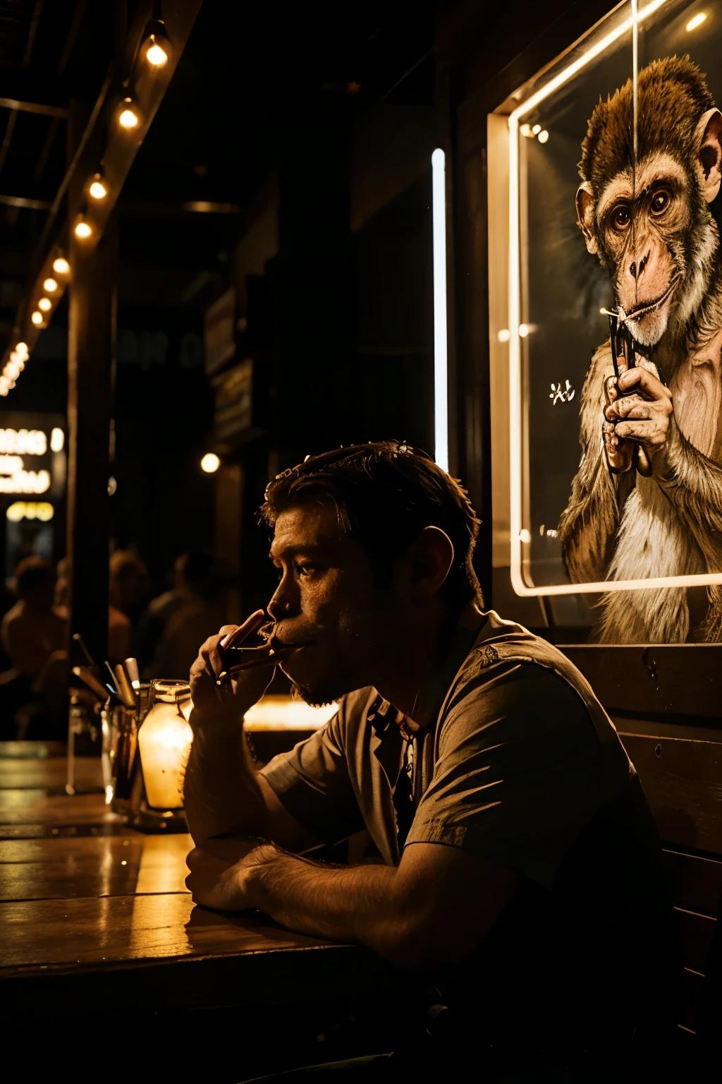 illuminated bar sign with a drawing of a monkey smoking a cigarette