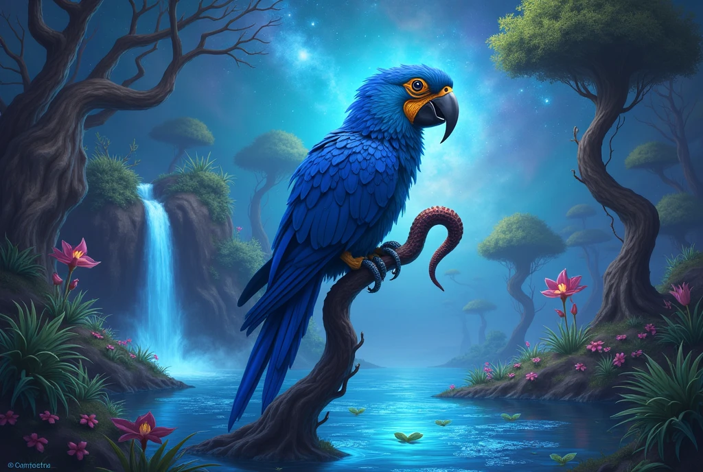 An enchanting blue macaw perched on a mystical tree branch in a surreal wetland. The bird's vibrant blue feathers shimmer under a magical glow. The surrounding environment features luminescent plants, floating islands, and cascading waterfalls with sparkling water. In the background, a sky filled with swirling galaxies and radiant nebulae adds a cosmic touch to the scene. A snake, coiling around the macaw's beak, adds an element of intrigue and fantasy.