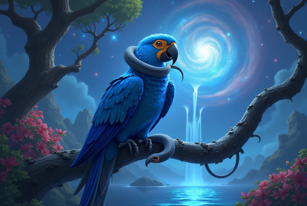 An enchanting blue macaw perched on a mystical tree branch in a surreal wetland. The bird's vibrant blue feathers shimmer under a magical glow. The surrounding environment features luminescent plants, floating islands, and cascading waterfalls with sparkling water. In the background, a sky filled with swirling galaxies and radiant nebulae adds a cosmic touch to the scene. A snake, coiling around the macaw's beak, adds an element of intrigue and fantasy.