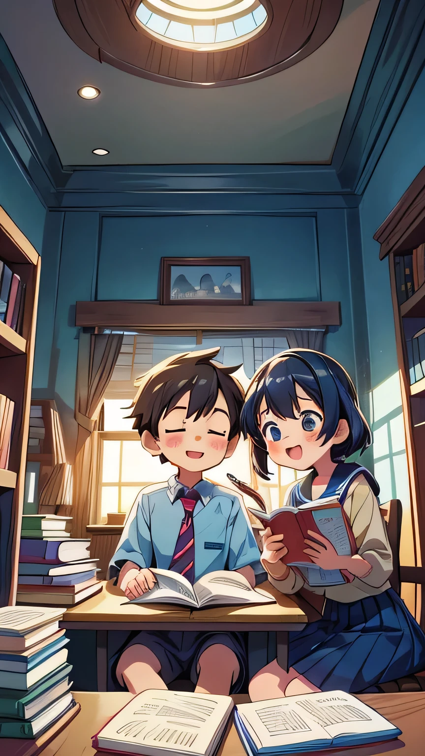 Create an anime-style image set in a bright and cozy library. The scene features two high school students, a boy and a girl, sitting side by side at a wooden desk. The boy is wearing a cutter shirt with a tie and pants, while the girl is dressed in a sailor-style uniform with a skirt. They are sitting side by side, with open books spread out on the desk in front of them, studying together. Both students are holding pens, writing something in their notebooks while looking at the books on the desk. They are smiling and enjoying each other's company. The scene is viewed from the front, showing their faces and the warm, soft light illuminating the space, creating a cheerful and pleasant atmosphere. In the background, large windows reveal a clear summer sky with vibrant blue colors, enhancing the fresh and lively ambiance. The bookshelves filled with books further emphasize the library setting.