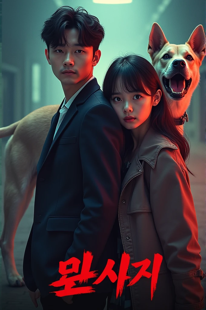Young and handsome K-pop idol with a mic next to a very scared girl next to a mad pitbull dog, movie poster