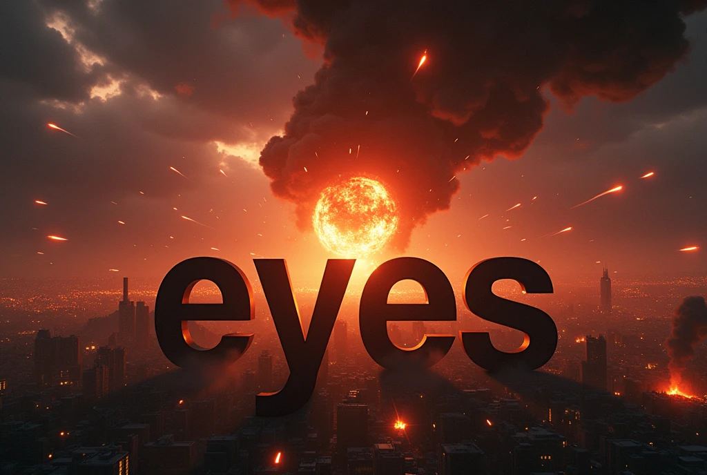 Les mots "EYES" écrit en gros caractères en bas de l'écran, ((chef-d'œuvre, la plus haute qualité, Qualité d'image la plus élevée, haute résolution, Photoréaliste, photo brute, 8k)), ((fond d'écran 8k unifié CG extrêmement détaillé)), Affiche de film catastrophe, des météorites pleuvant sur une ville de nuit, Une énorme explosion, un immense incendie, de la fumée noire éclairée par les flammes, une catastrophe dévastatrice,