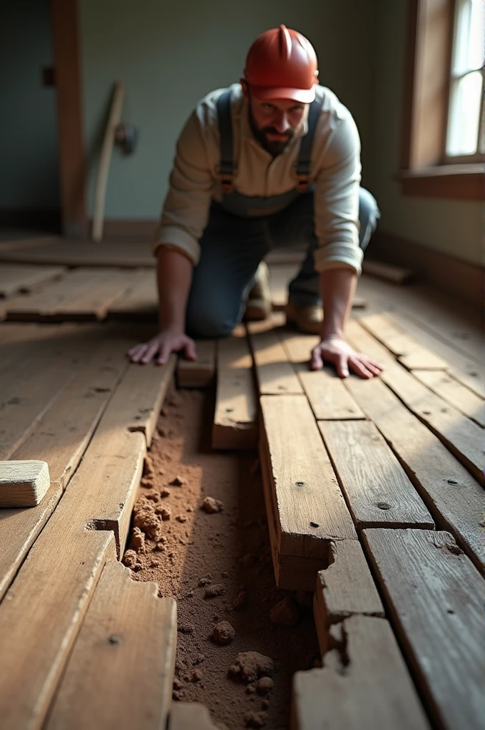 Images of a person removing a beam from a tongue and groove floor that is sunken into the ground