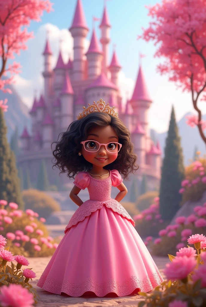 Little princess, full body image, , pink dress with flared skirt to the floor, wears glasses and a crown, eyes browns, brown skin, smiling, shoulder length hair, curly and dark brown, in the background landscape pink castle