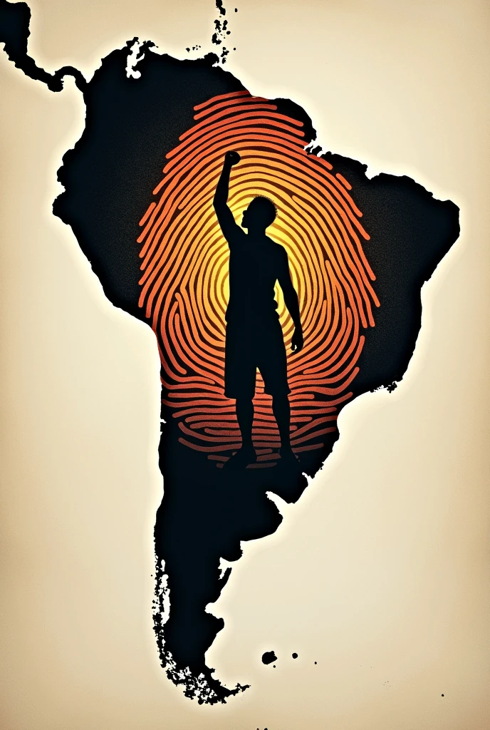 outline of the map of Brazil containing inside the drawing of a fingerprint with the silhouette of a person representing indigenous and Afro-descendant resistance