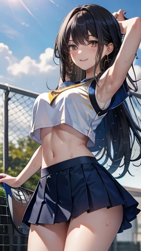 Honor student,Beautiful black hair,long hair,(Straight Hair),high school girl,(boyish),Dark Eyes,(tall),((Slim body)),Muscular,((A confident smile)),Medium Bust,Gold earrings,Cheerleader,Blue sportswear,Blue tennis skirt,(Sweat:1.3),Haa,Dancing,Outdoor
