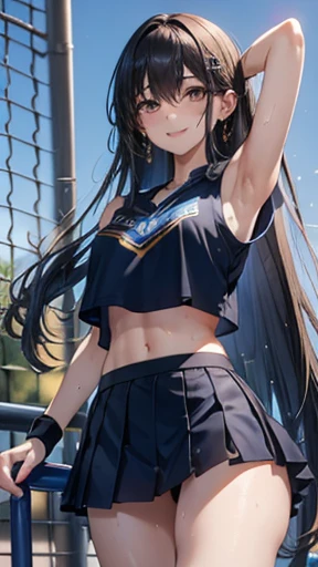 Honor student,Beautiful black hair,long hair,(Straight Hair),high school girl,(boyish),Dark Eyes,(tall),((Slim body)),Muscular,((A confident smile)),Medium Bust,Gold earrings,Cheerleader,Blue sportswear,Blue tennis skirt,(Sweat:1.3),Haa,Dancing,Outdoor