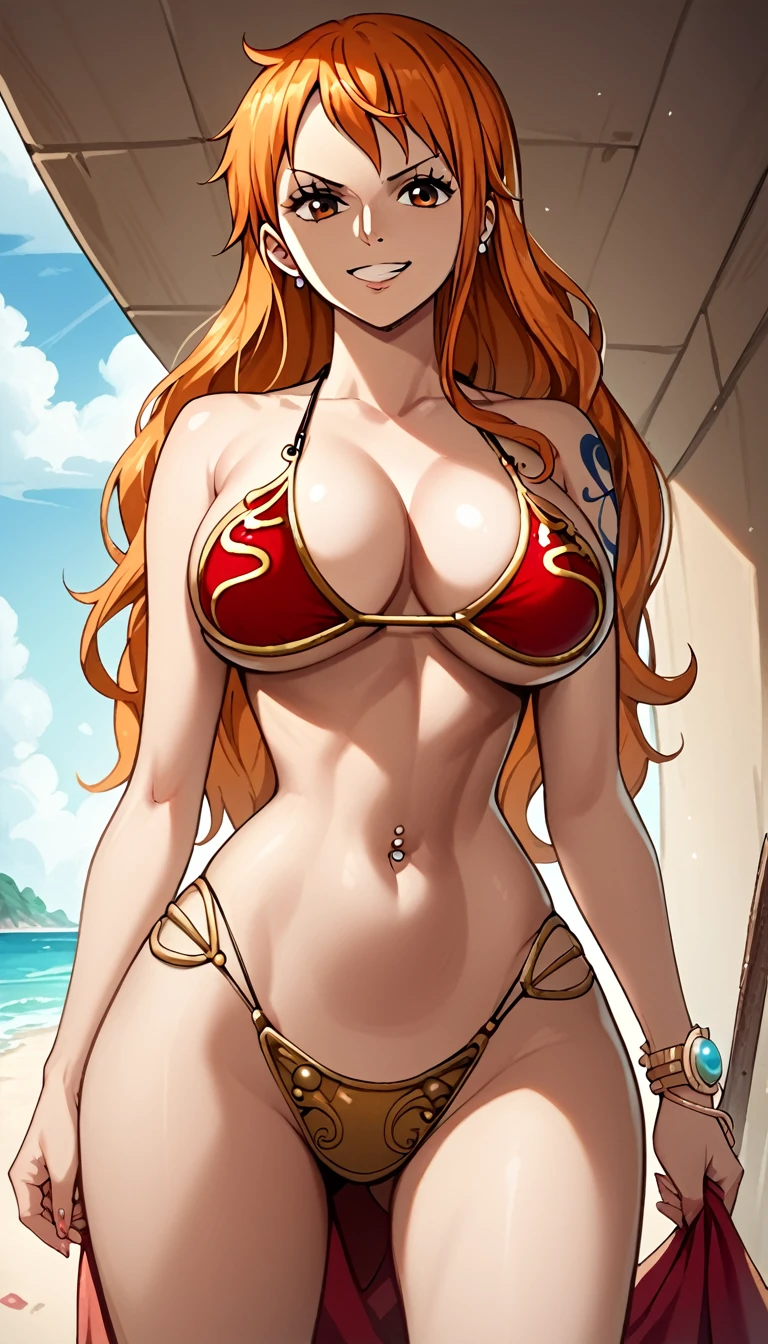 score_9, score_8_up, score_7_up, source_anime, best quality, solo, clear face, Nami, orange hair, orange eyes, long hair, large breasts, perfect body, looking at viewer, smile, slave, slave bikini, red clothes, in the beach, standing, dynamic angle, from behind, big ass, wide hips, low angle, navel piercing, angry