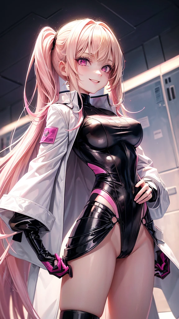 A girl, 20 years, Blonde hair with pink highlights very long straight, fringe, pink eyes, Pale skin, marked feminine features, wearing a black Spider-Woman suit with white and pink details, white jacket with pink, Posing, hands on hip, smiling.
