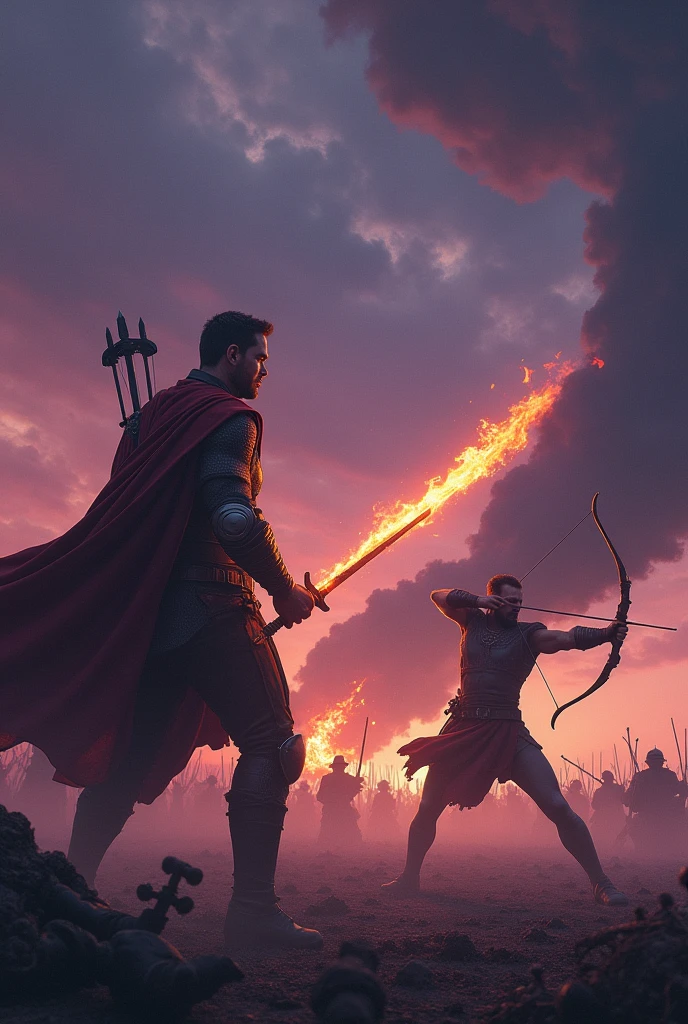 Make a men who fight for earth to another men first one in hand a sward with orange flame and second one is Archer of hand with strong forarms and the sky is full of purple and some side with black storms and many mens killed by second one