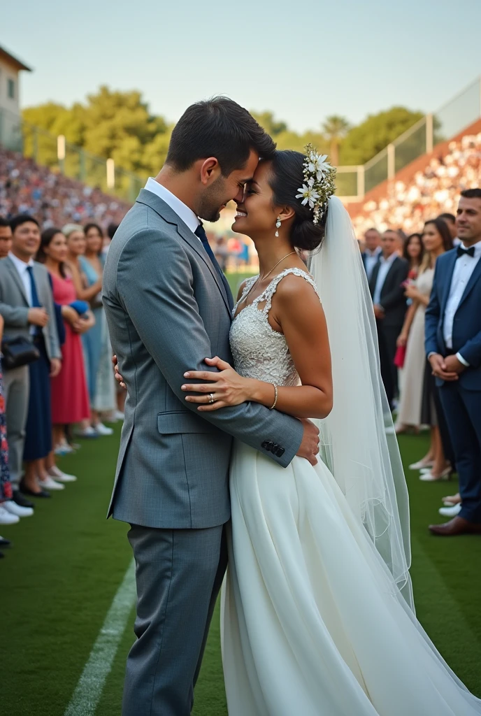 Roni and I getting married on a Juventude football pitch,my dress is classic white , and his suit is gray and blue