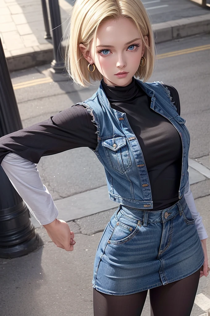 Best Quality, hight resolution, and18, 1girl in, Android 18, Solo, Blonde hair, Blue eyes, Short hair, earrings, Jewelry, Denim Vest, open vest, Black pantyhose, Black shirt, jean skirt, Striped long sleeves, Blue skirt, medium breasts, Cowboy Shot, Street, (Externally expanded Chest: 1.2)