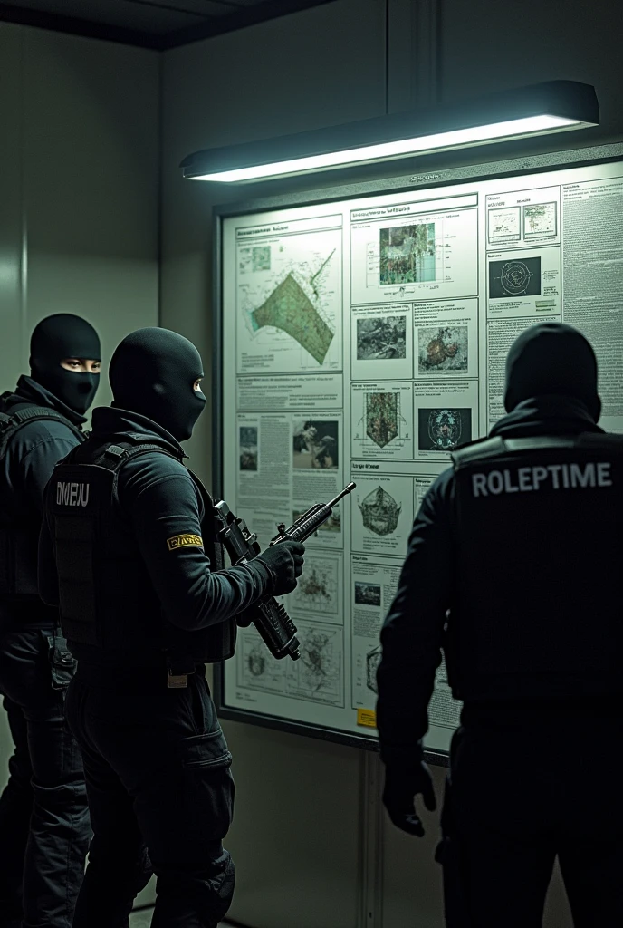 Men dressed in black military uniform. And weapons, Planning an ambush on a crime board 