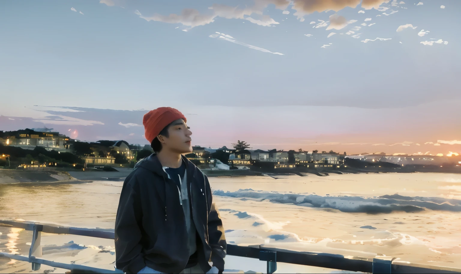 arafed man in a red hat standing on a railing, best orange sunset sky, beautiful sky