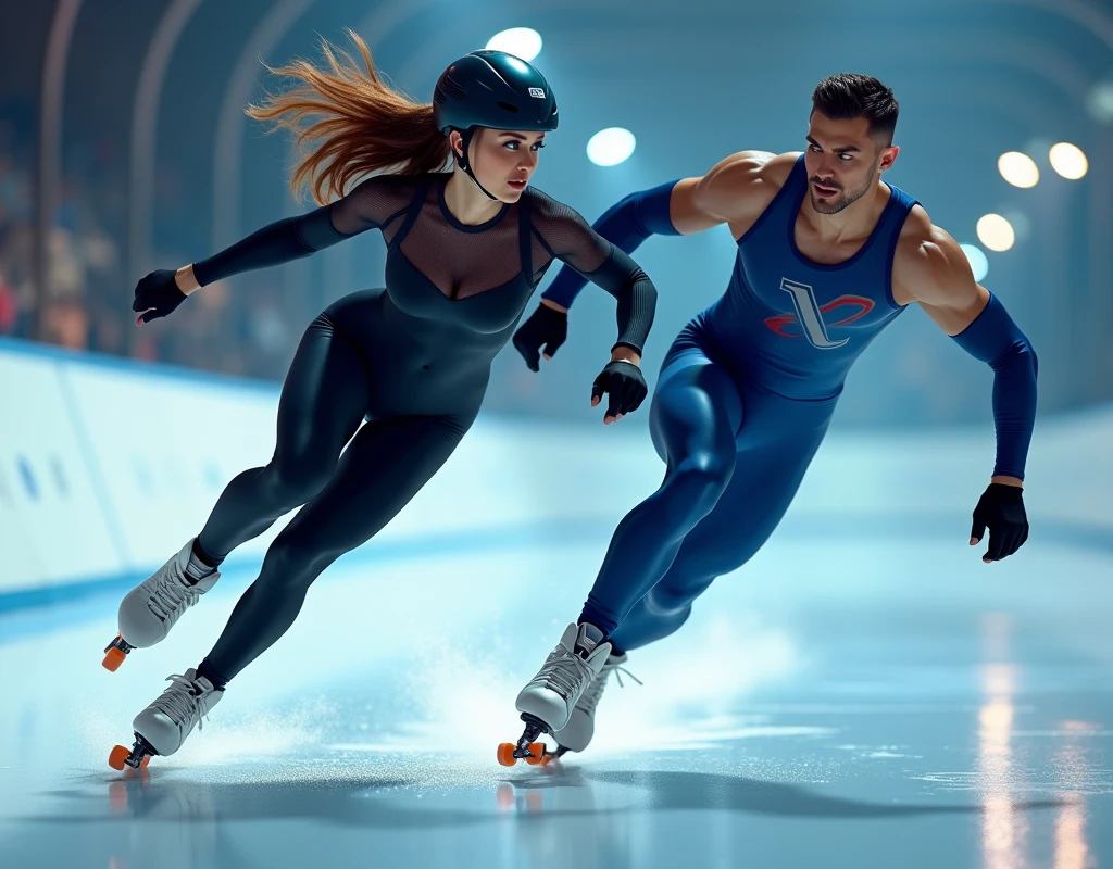 There are two people skateboarding side by side on a speed oval., with a tight black and blue uniform,skaters, roller skates, skaters, roller skates, roller skating, skate, An attractive woman, sexy woman skating on a speed oval, and an attractive strong man skating next to the woman on the speed oval.