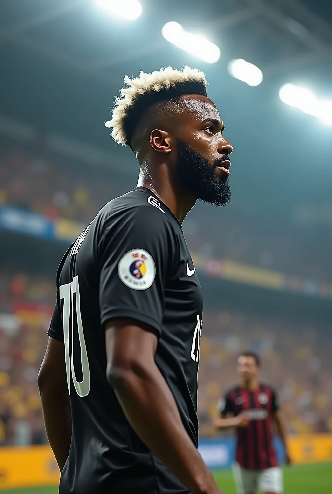 Imagine a player from the Brazilian football team "Atletico MG". His uniform is black and white. He is black. He has short hair, half black and half white. His beard is white. He is standing with his back turned, with his face turned to the side. The camera angle is from behind. He is in a crowded football stadium, and everyone is celebrating his goal. Ultra-realistic 8k image. Extremely detailed.