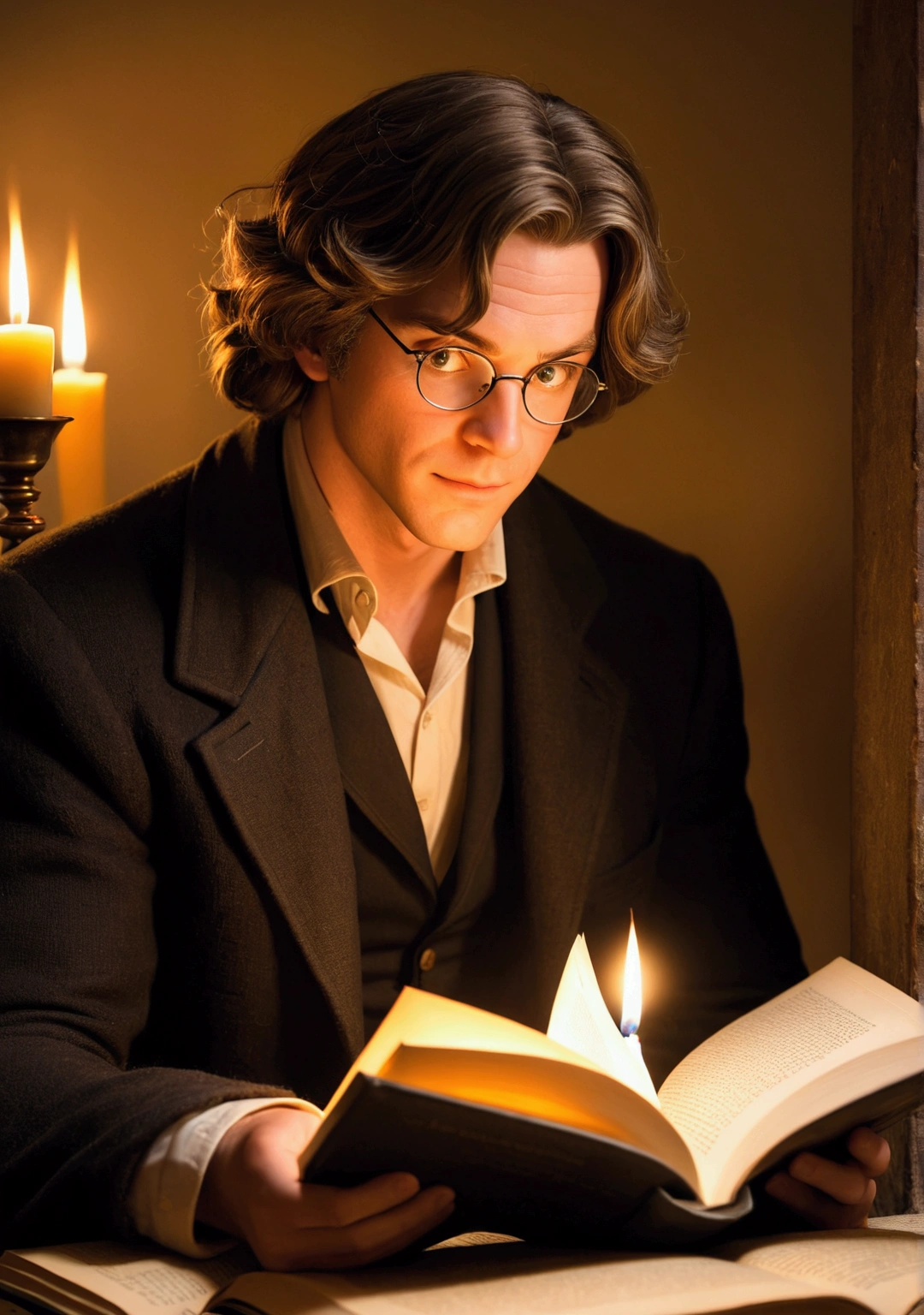 Frederick, engrossed in reading a large book of philosophy. The focus is on his curious eyes and gentle smile as he flips through the pages. The environment is cozy, with warm candlelight illuminating the book's text and casting soft shadows.