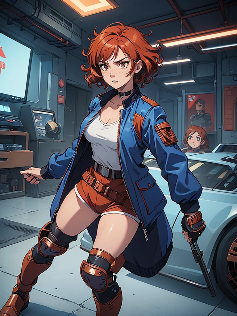 (masterpiece), (best quality), (1girl), (adult), (copper red hair), (curly hair), (short hair), body figure, small breasts, (brown eyes), freckles, (blue cyberpunk outfit), (blue jacket),( battle outfit),(badass outfit),boots, black choker, legs, (white knee guards)