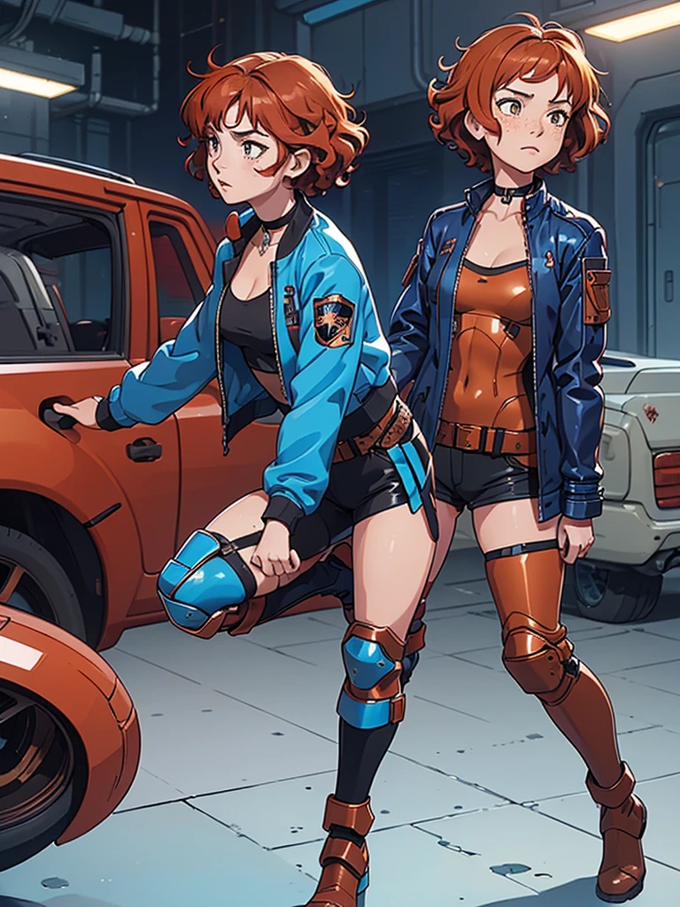 (masterpiece), (best quality), (1girl), (adult), (copper red hair), (curly hair), (short hair),  body figure, small breasts, (brown eyes), freckles, (blue cyberpunk outfit), (blue jacket),( battle outfit),(badass outfit),boots, black choker, legs, (white knee guards) 