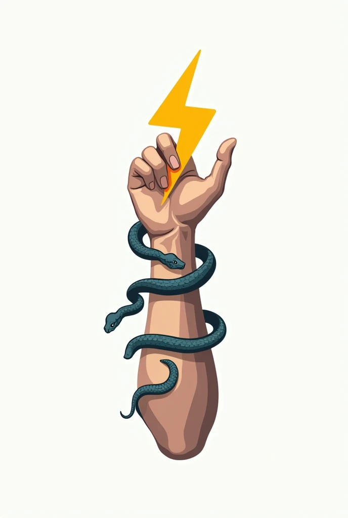 Let's make a physiotherapy logo, in vector form, This design is of a forearm and a hand. The forearm should be surrounded by 2 snakes from the elbow to the wrist that are climbing one on each side, which reach to the wrist, In the hand you must hold a horizontal 4-point yellow lightning bolt