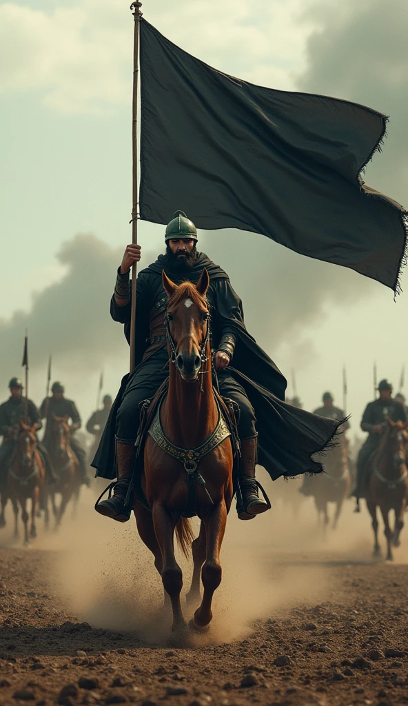 The image shows a Muslim man on a horse, holding a large black flag. He is wearing a green helmet and long black kloth, and appears to be in the middle of a battle. The horse is galloping through a muddy field, and there are other horses in the background. The sky is cloudy and there is a hint of smoke in the air. The overall mood of the image is dramatic and action-packed.