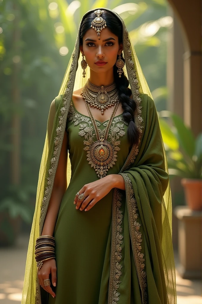 Olive Green mehandi outfit
Flower jewellery
Heavy dupatta