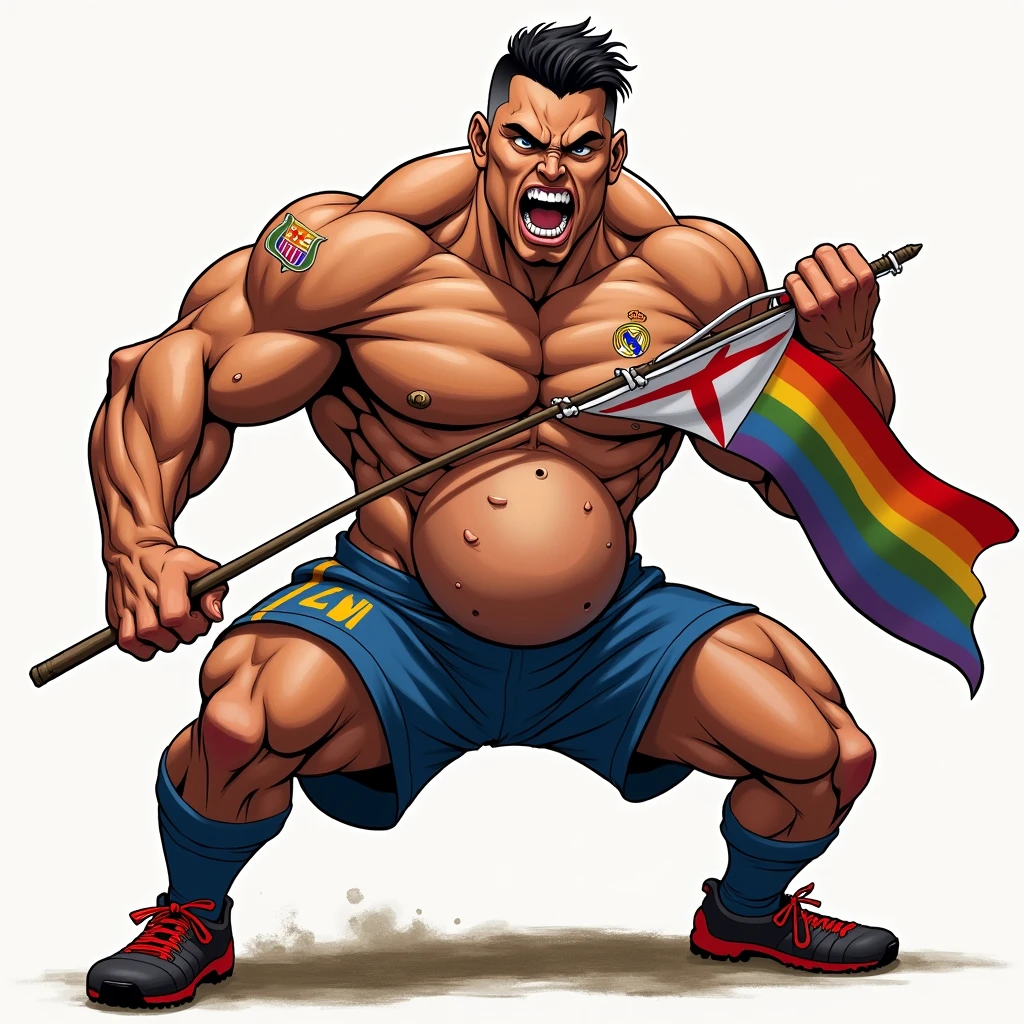 anime art: a 1 hot sweaty latin tanned male, wearing soccer uniform, big bulge, holding a lgbt flag with a red X mark in it, squatting down
