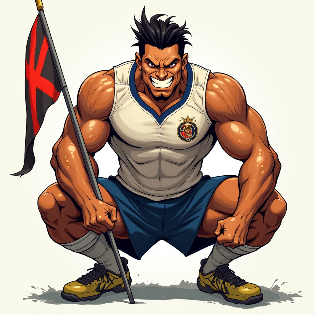 anime art: a 1 hot sweaty latin tanned male, wearing soccer uniform, big bulge, holding a lgbt flag with a red X mark in it, squatting down