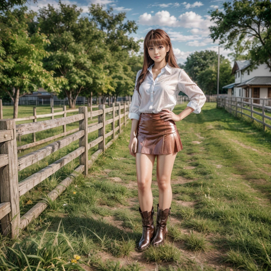 kasumi, eyes browns, (best qualityer, ultra detail), (realisitic:1.37), beautiful and detailed face, ultra-realisitic texture, Exquisite face, Delicate body, red lipgloss stick, shiny colors. High definition, 8k, expression a slight cute smile, ankle boots