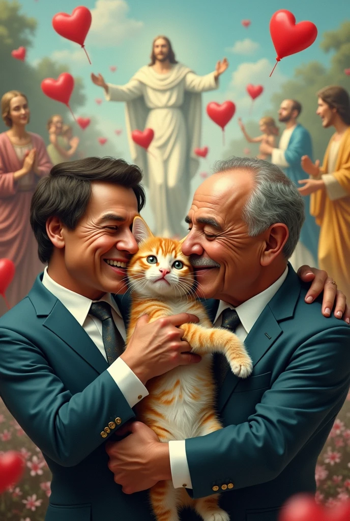 Make an image of a kitten hugged by former president Boldonaro and current president Lula,and it has to be written in the image "Love, sorry for shaking my hips for your dad, it's involuntary, he's square and I love geometric shapes.!!"
And there must be several hearts in the image., and at the top there has to be Jesus blessing them with a key in his hand and from behind Jesus will come Lucifer already transformed into a beast with his hands handcuffed
