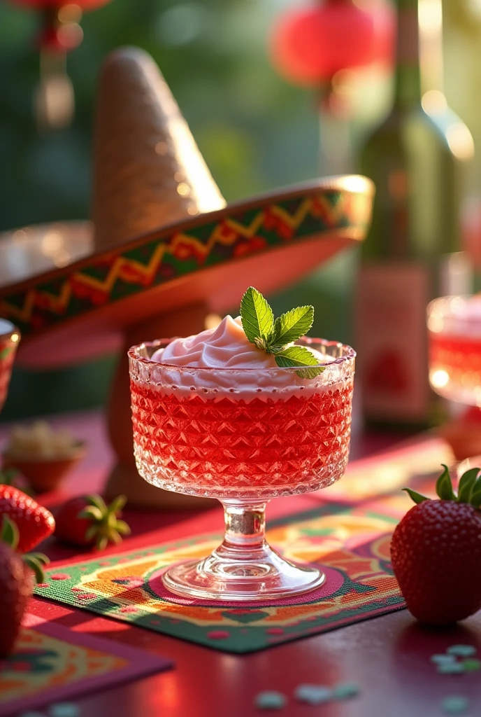 Logo called The Jellyciosos, the letters with jelly texture, with a gelatin cup on a Mexican party table with a green, white and red sombrero, all in royal style