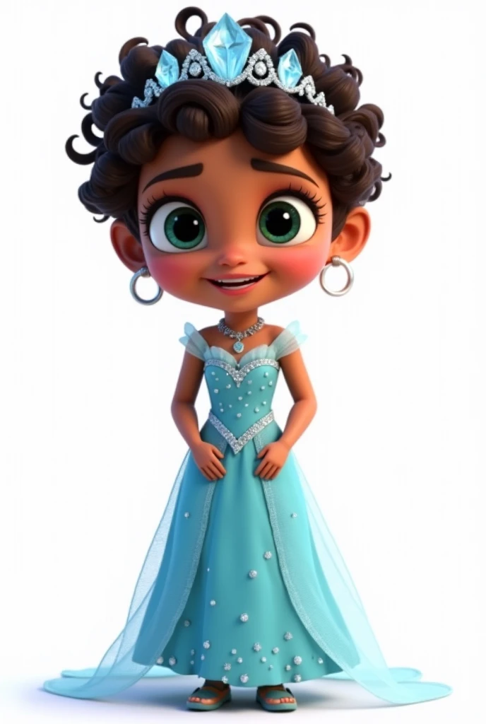 Create a high-quality, high-definition (HD) Pixar 3D-style image with vivid colors and sharp lines. The image should include: A  girl, standing with her hands on her waist, with olive skin and dark brown hair with many curls and very short, at ear level, she wears an ice crown. leaf green eyes, happy and expressive. She is wearing a light blue dress with small sparkling stones, inspired by the character Elsa from the movie "Frozen".  The girl is smiling and looking at the camera, she must appear full body with her hands on her waist.
The image must have a white rendered background.