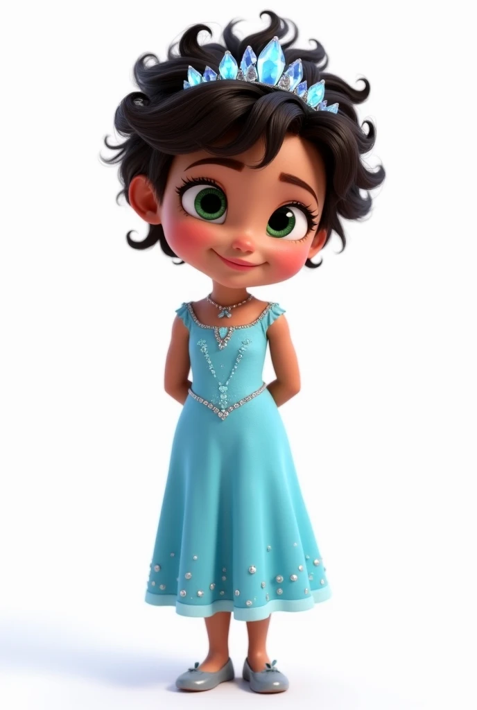 Create a high-quality, high-definition (HD) Pixar 3D-style image with vivid colors and sharp lines. The image should include: A  girl, standing with her hands on her waist, with olive skin and dark brown hair with many curls and very short, at ear level, she wears an ice crown. leaf green eyes, happy and expressive. She is wearing a light blue dress with small sparkling stones, inspired by the character Elsa from the movie "Frozen".  The girl is smiling and looking at the camera, she must appear full body with her hands on her waist.
The image must have a white rendered background.