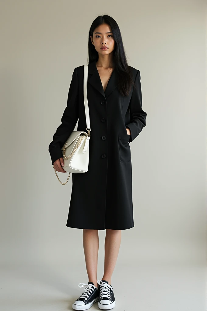 One with long straight black hair,black eyes With a black dress,a white bag and black and white sneakers and she is a model